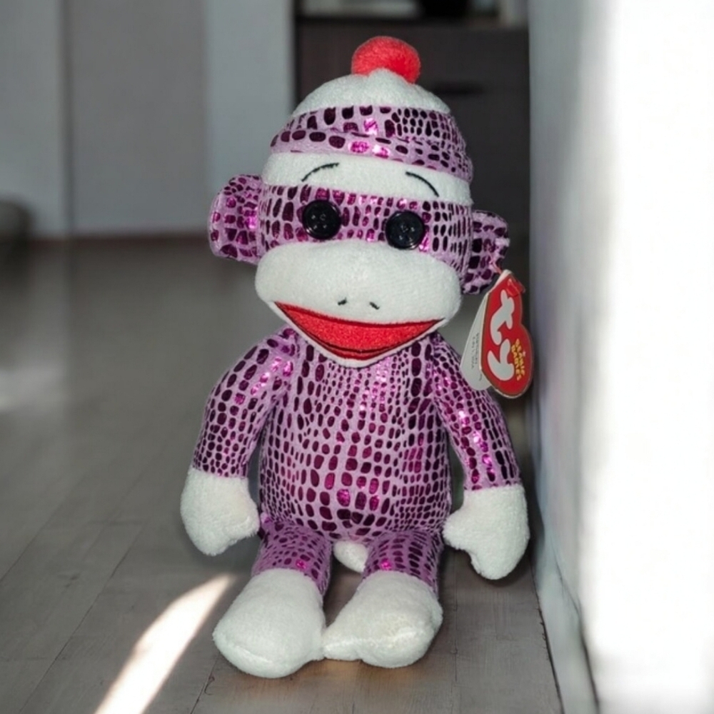 Ty Shiny Pink and White Sock Monkey Toy